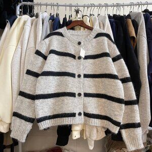 Cozy Striped Knit Cardigan Black Cream Sweater